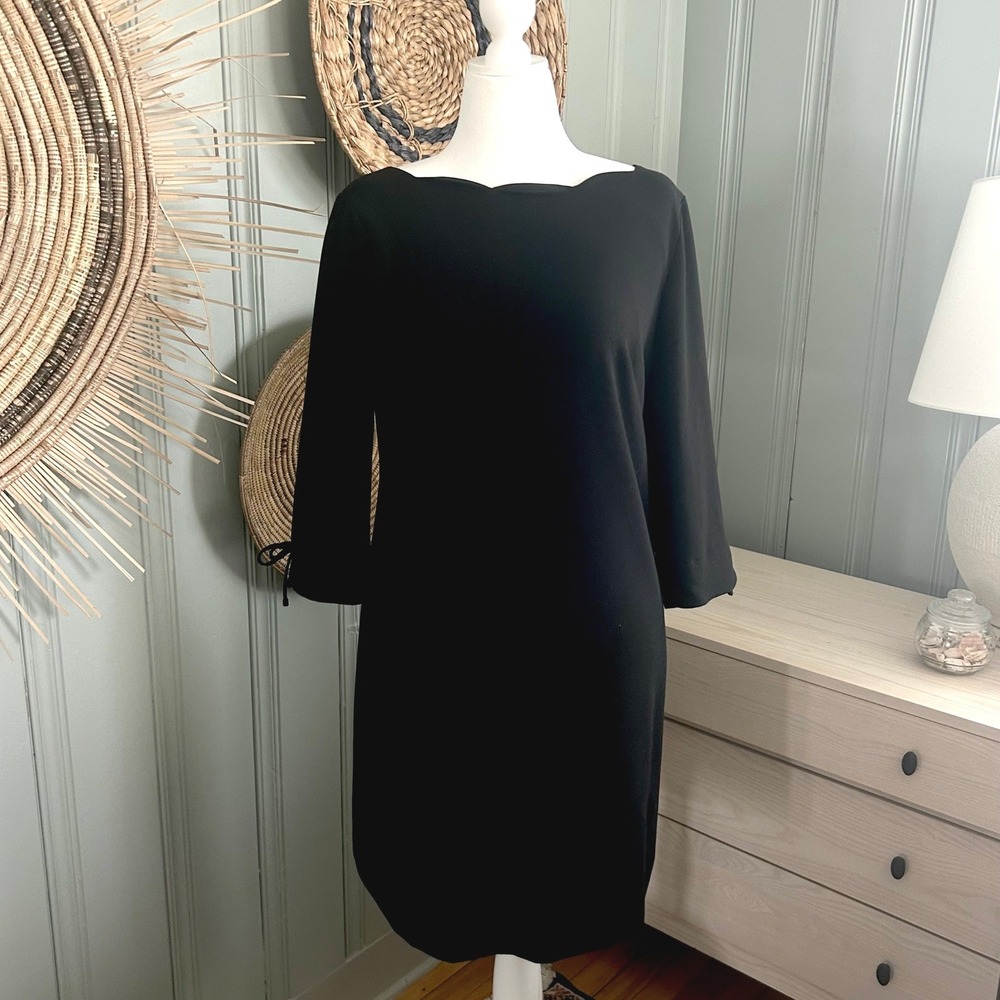 Talbots Black Scalloped Neck Sheath Dress 3/4 Tie Sleeve Size 10 LBD